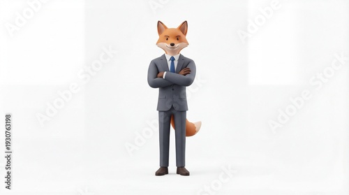 Confident professional fox character in a business suit, a 3D animal mascot symbolizing leadership, success, and corporate professionalism