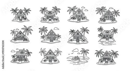 Collection of tropical beach houses with palm trees in black and white