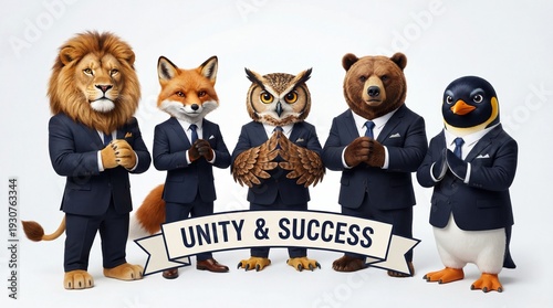 Diverse Animal Mascots in Business Attire Symbolizing Unity and Success