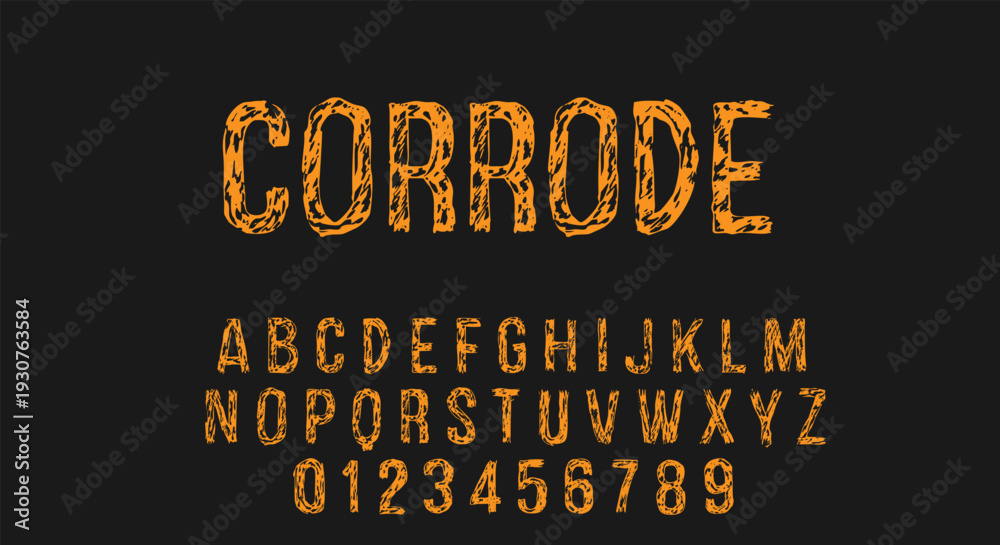 Fototapeta premium Corrode Distressed Font - Orange Rusted Textured Alphabet on Black