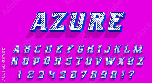 Azure 3D Font - White Striped Alphabet with Blue Shadow on Pink Background