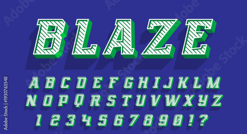 Blaze 3D Font - White Striped Alphabet with Green Shadow on Blue Background