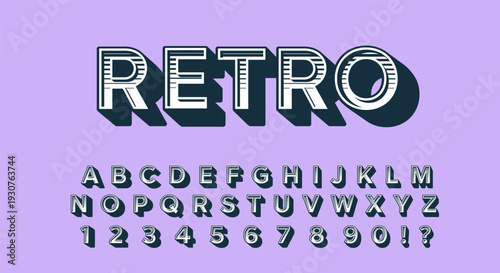 Retro 3D Font - White Striped Alphabet with Navy Shadow on Lavender Background