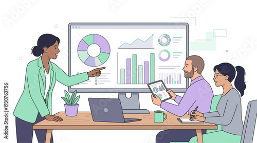 Three business professionals collaborating on data analysis and financial reports in a modern office setting with charts and graphs.