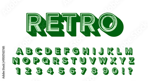 Retro 3D Font - Green Striped Alphabet with Long Shadow on White