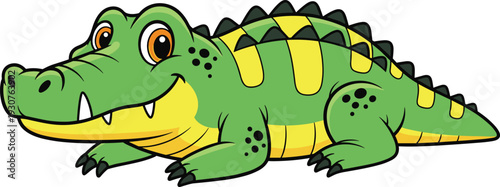 Cute cartoon crocodile illustration, smiling green alligator character with big eyes, playful reptile mascot vector design for kids
