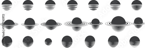 Abstract sunset over water icon silhouette collection featuring sun reflection vector illustration set isolated on dark background