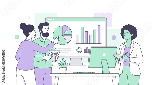 Doctor and patient talking while medical staff work together in a hospital room illustration