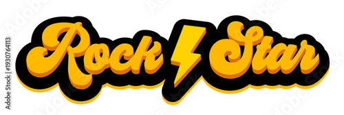 Rock Star groovy lettering logo with lightning bolt. Yellow and black cartoon style calligraphic rock star label for music merch and branding isolated on white background vector illustration.