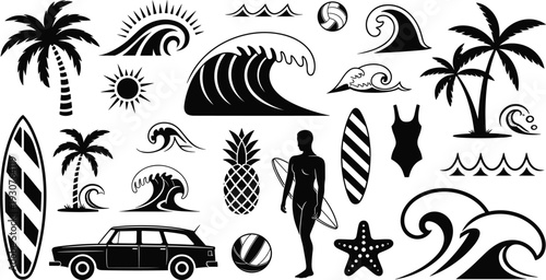 Beach summer icon silhouette collection featuring surfboard palm tree wave pineapple surfer and ocean elements vector illustration set isolated on dark background