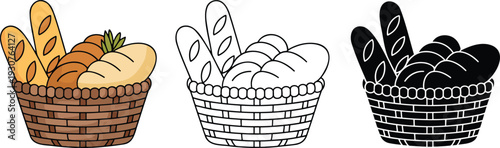Bread basket silhouette & Outline and illustration set isolated on transparent background