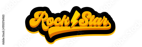 Rock Star groovy lettering logo with lightning bolt. Yellow and black cartoon style calligraphic rock star label for music merch and branding isolated on white background vector illustration.