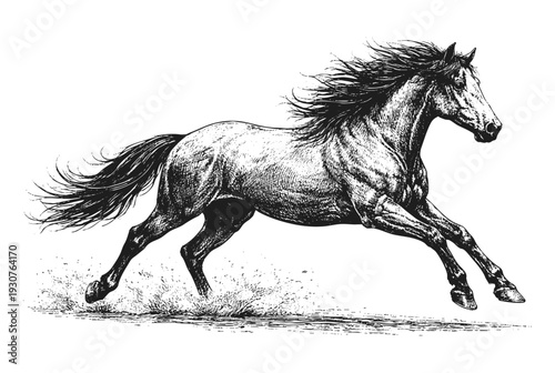 Running Horse Sketch Line Art Illustration – Galloping Stallion Drawing Isolated on Transparent Background - Side View 