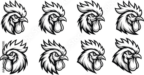 Rooster head mascot illustration set, aggressive chicken logo vector collection isolated on gray background for farm branding and sports design