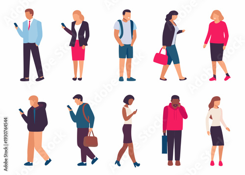 Diverse group of people using smartphones in a flat vector illustration