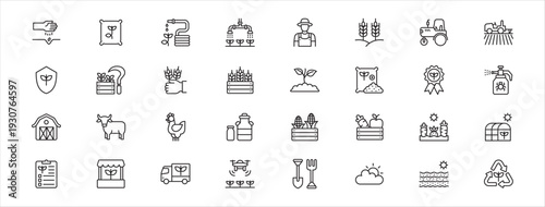 Agriculture and farm icon set. Editable stroke. Contains symbol of farmer, wheat, rice, tractor, tools, greenhouse, harvest, seed, livestock, soil, irrigation, dairy, corn, barn, chicken, cow.