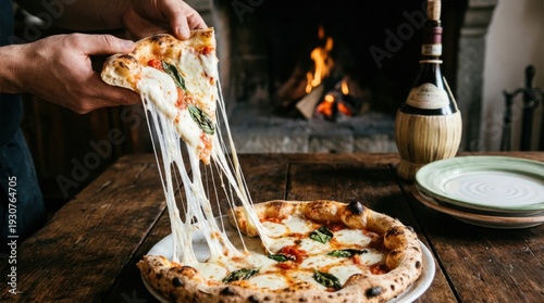 Hands pulling cheesy pizza slice in rustic setting
