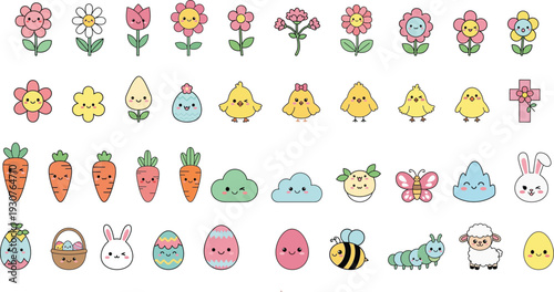 Easter sunday vector illustration of colorful eggs chicks carrots and flowers