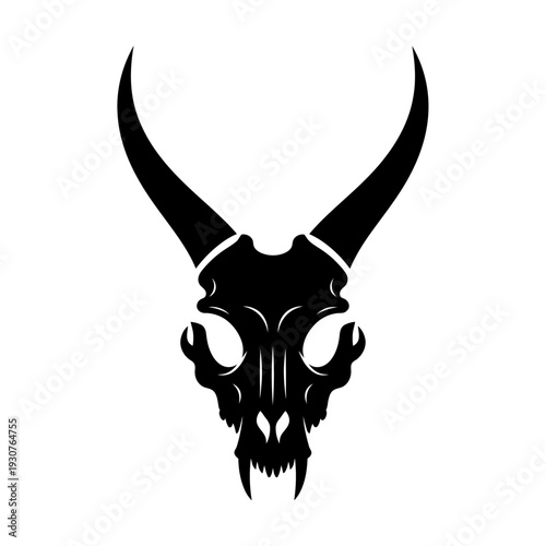 Black and white illustration of a horned skull on a white background