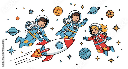 Astronauts in space suits flying with rocket through cosmos stars illustration