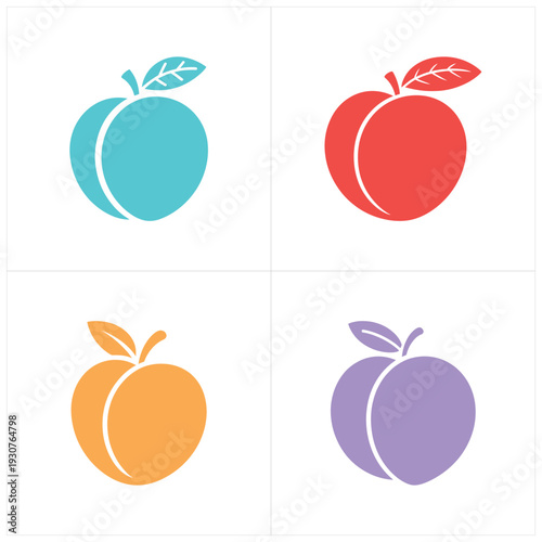 Four colorful peach symbols in cyan, red, orange, and purple