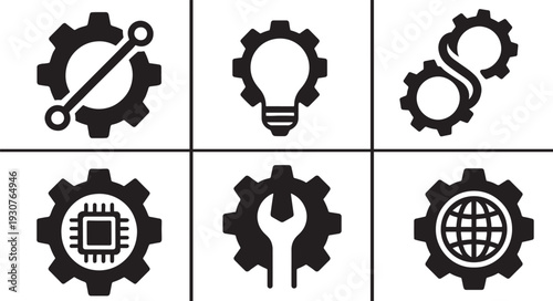 Gear solution vector icon set. Modern thin line symbols for settings and technical support.
