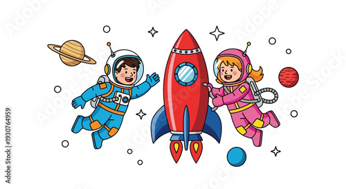 Children in space suits floating near rocket ship with planets around in cartoon style
