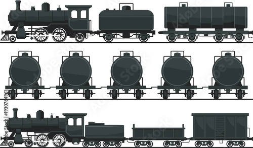 Black silhouette vintage steam locomotive train sets with tender tank cars cylindrical tank wagons boxcar freight, railroad transport vector illustration for industrial designs logos