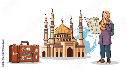 Woman tourist viewing map standing beside suitcase and mosque illustration globally