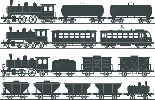 Black silhouette vintage steam locomotive train collections with passenger cars tank wagons boxcars hopper cars freight sets, railroad transport vector illustration for historical designs logos