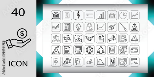 Set of forty financial line icons for business banking investment commerce strategy management accounting marketing and growth