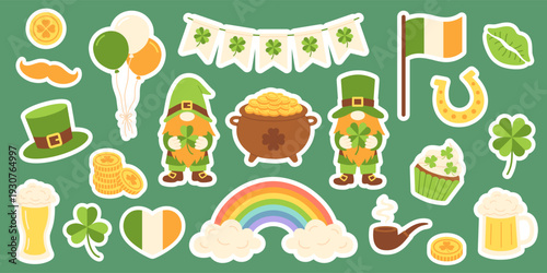 Saint Patrick sticker set illustration with Irish symbols, leprechaun, clover, rainbow, beer, gold and flag. Cute festive holiday collection for party decor and print design. Flat vector. Hand drawn.