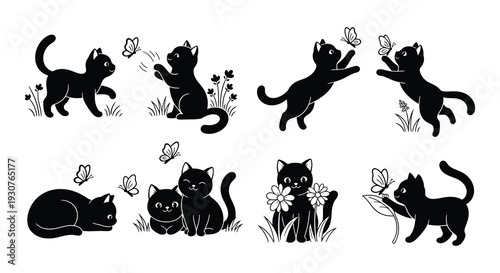 Collection of black silhouette cats with butterflies and floral elements