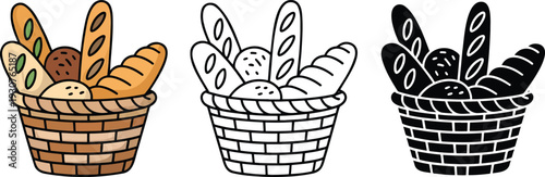 Bread basket silhouette & Outline and illustration set isolated on transparent background