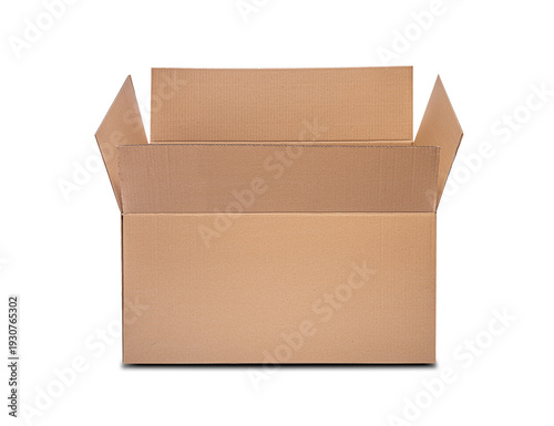 Konstfotografi A front view of a single open empty brown cardboard box isolated on a white background