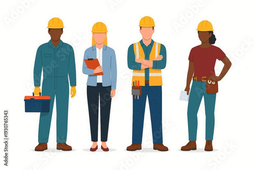 Diverse Construction Workers and Engineers Team Standing with Safety Equipment Flat Vector Illustration