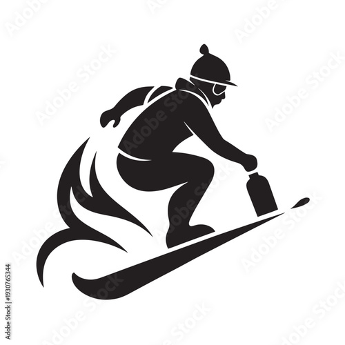 A male wakeboarder riding board on water surface, extreme watersport activity, black and white minimal flat vector illustration, cartoon wakeboarding sport