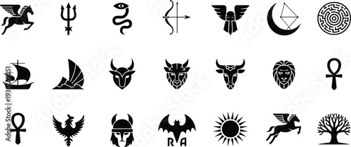 Mythology symbol icon silhouette collection featuring Pegasus trident ankh sun and ancient myth vector illustration set isolated on dark background