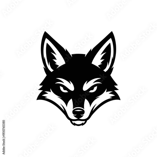 Bold black and white vector illustration of a fox head with focused stare