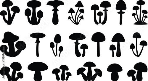 Mushroom silhouette collection featuring various forest fungi shapes vector illustration set isolated on dark background for botanical design