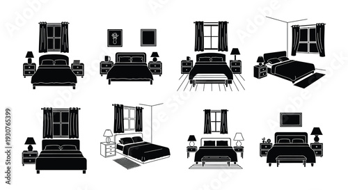 Minimalist bedroom interior designs illustrated in black and white line art