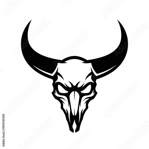 Bold stylized bovine skull illustration with curved horns and intense stare
