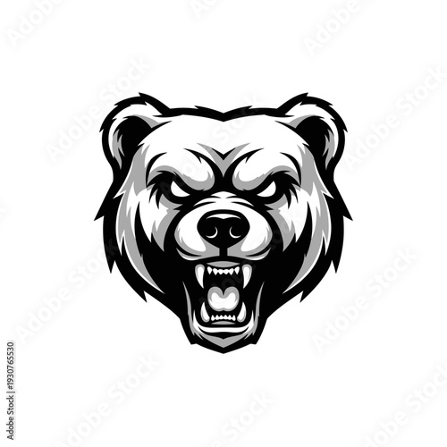 Fierce bear head illustration in black and white with intimidating expression
