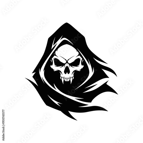 Grim reaper skull silhouette in hooded cloak isolated on white