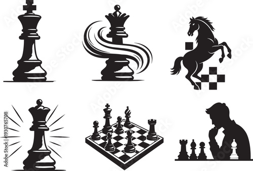 Black silhouette chess pieces set king queen knight with dynamic swirl checkmate board player thinking pose, strategy game vector illustration for logos tournament designs