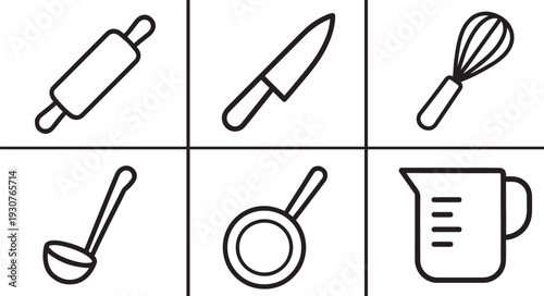 Spatula outline icon set. Thin line kitchen utensil symbols for cooking and baking use.