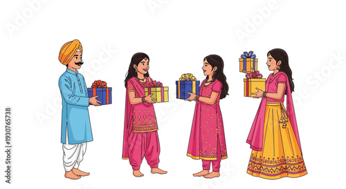 A festive illustration of people exchanging gifts with smiles
