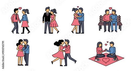 Couple embracing in various romantic settings and actions depicted in simple illustrations Whisk 13c3b4dfc3a8b0a89674e3827541edcb