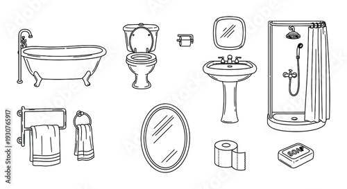 Line art illustration of various bathroom fixtures and accessories