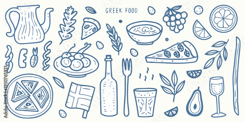 A collection of hand drawn greek food elements and traditional symbols